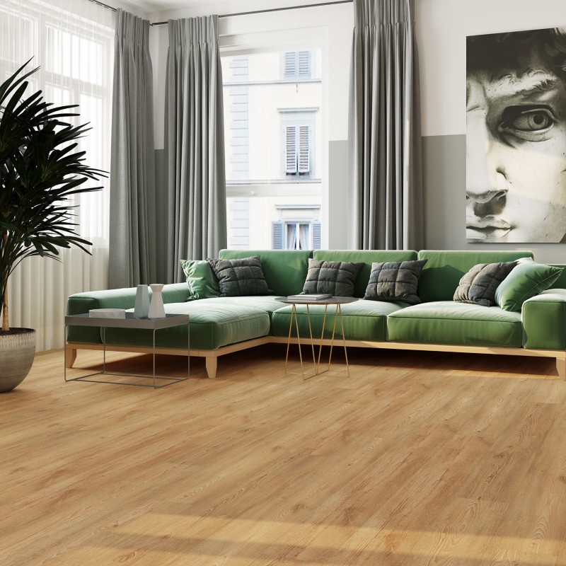 Farmhouse oak effect LVT flooring laid in a living room