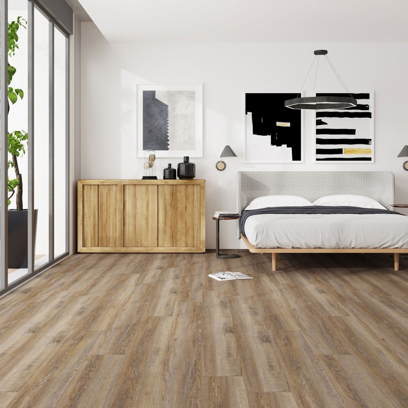 Frosted oak effect LVT flooring laid in a bedroom