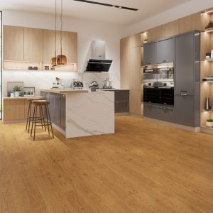 Old english oak effect LVT flooring laid in a kitchen