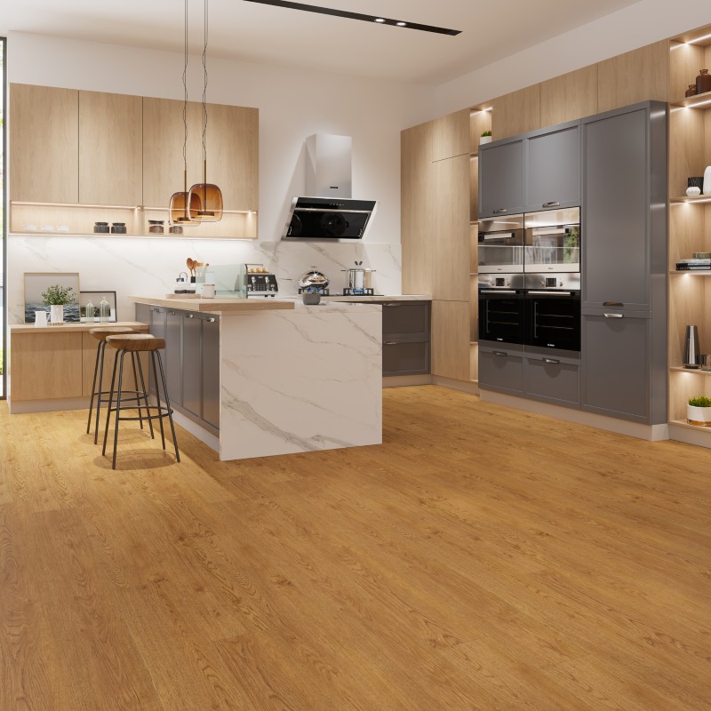 Old english oak effect LVT flooring laid in a kitchen