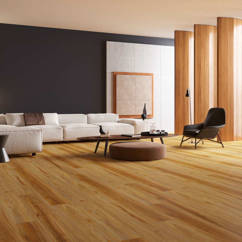 Natural oak effect LVT flooring laid in a living room