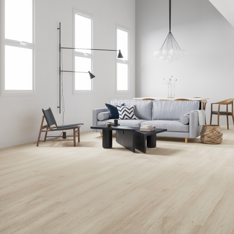 White oak effect LVT flooring laid in a living room