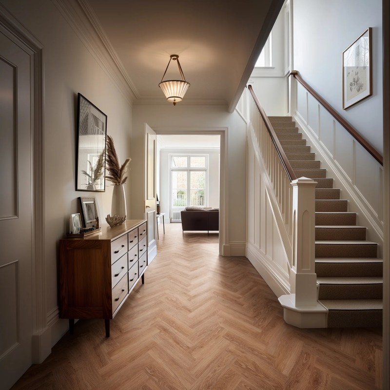 Natural oiled oak effect herringbone LVT flooring laid in a hallway