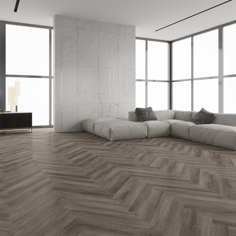 Urban dusk effect herringbone LVT flooring laid in a living room