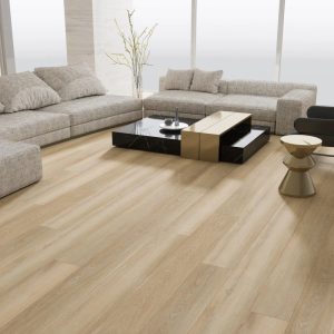 Blonde oak effect LVT flooring laid in a kitchen