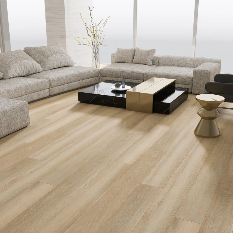 Blonde oak effect LVT flooring laid in a kitchen