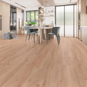 Natural oiled oak effect LVT flooring laid in a kitchen